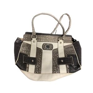 Guess Jacey Handbag Women Black Cream Gray Crocodile Print Zipper Closure Purse